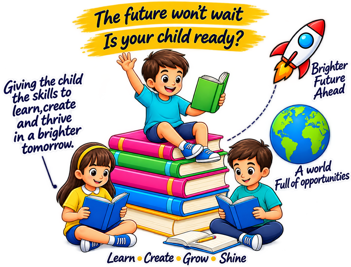 Illustration of children reading on a stack of books, with a rocket and a globe